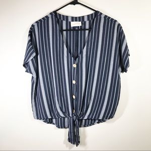 Universal Thread navy blue stripe tie front blouse